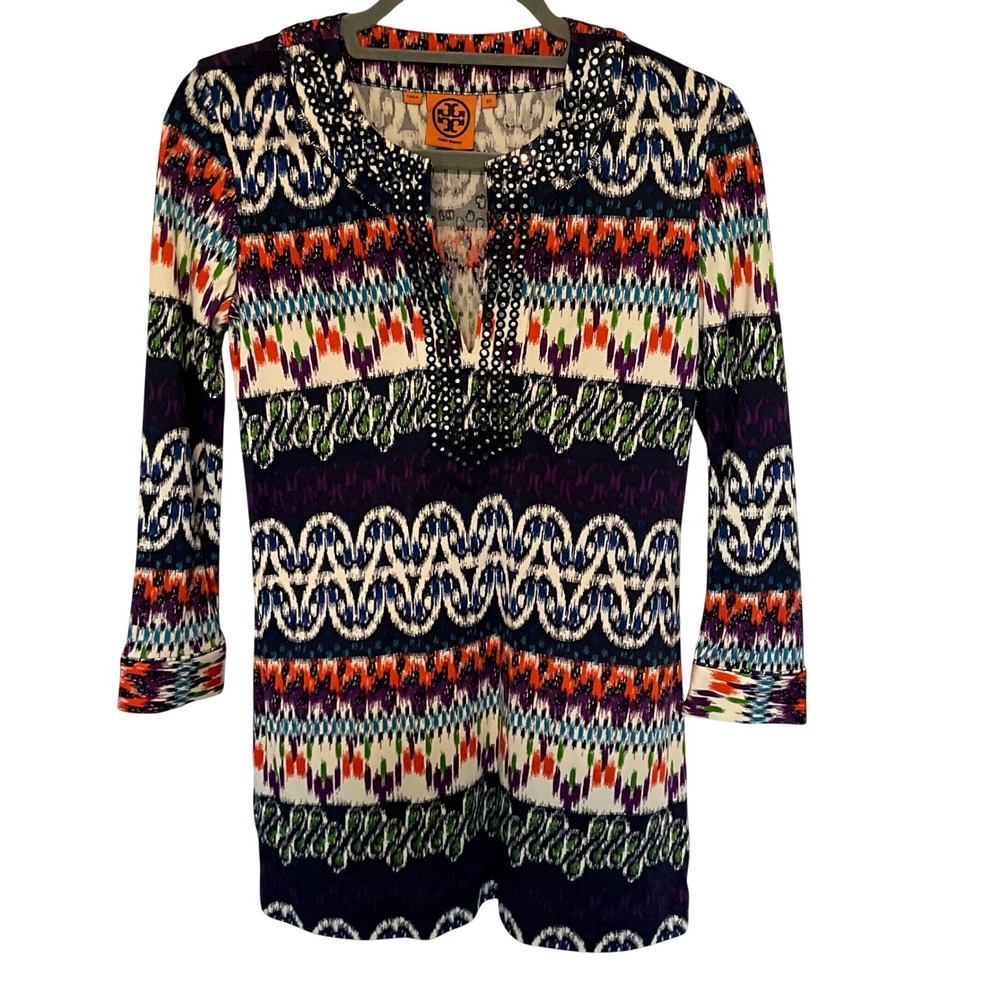 Tory Burch Silk Ikat Print Studded Split Neck Tunic Top Navy Orange XS